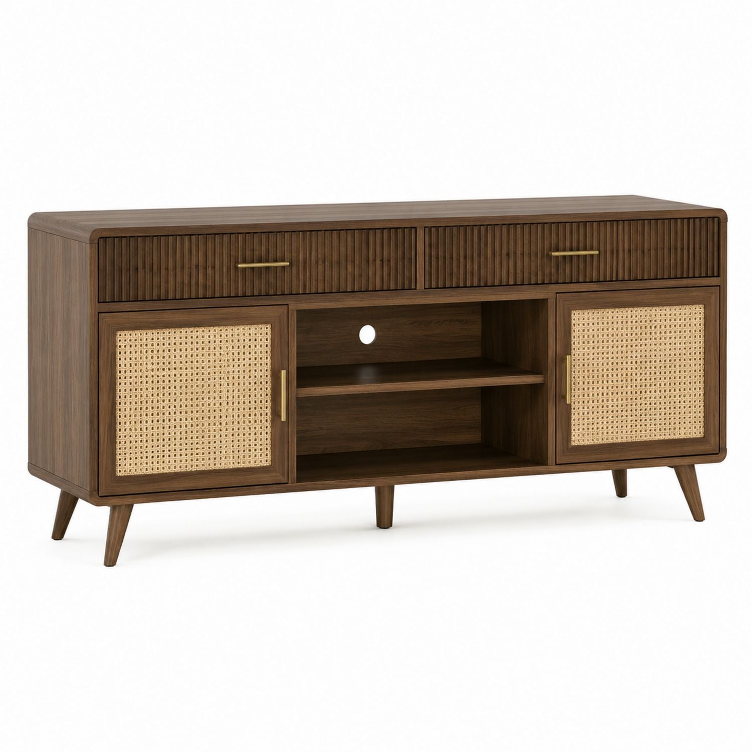 Wooden TV Stand with Rattan Doors and Shelves 150cm Brown