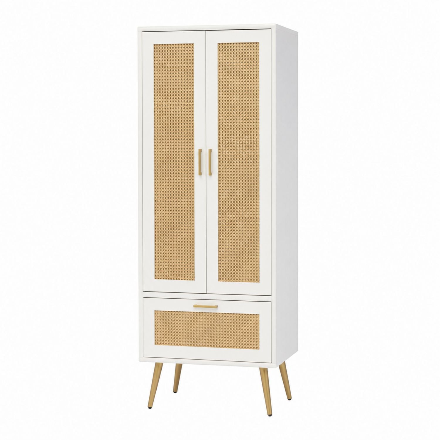 2-türiger Kleiderschrank mit Schublade MDF und Rattan Weiß und Natur 180x80x50 cm