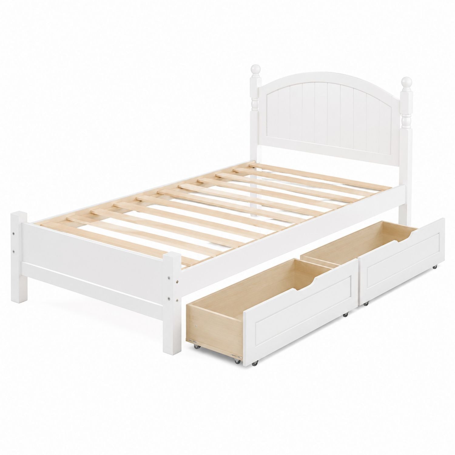 Einzelbett-Holzrahmen mit Kopfteil und 2 Schubladen Weiß