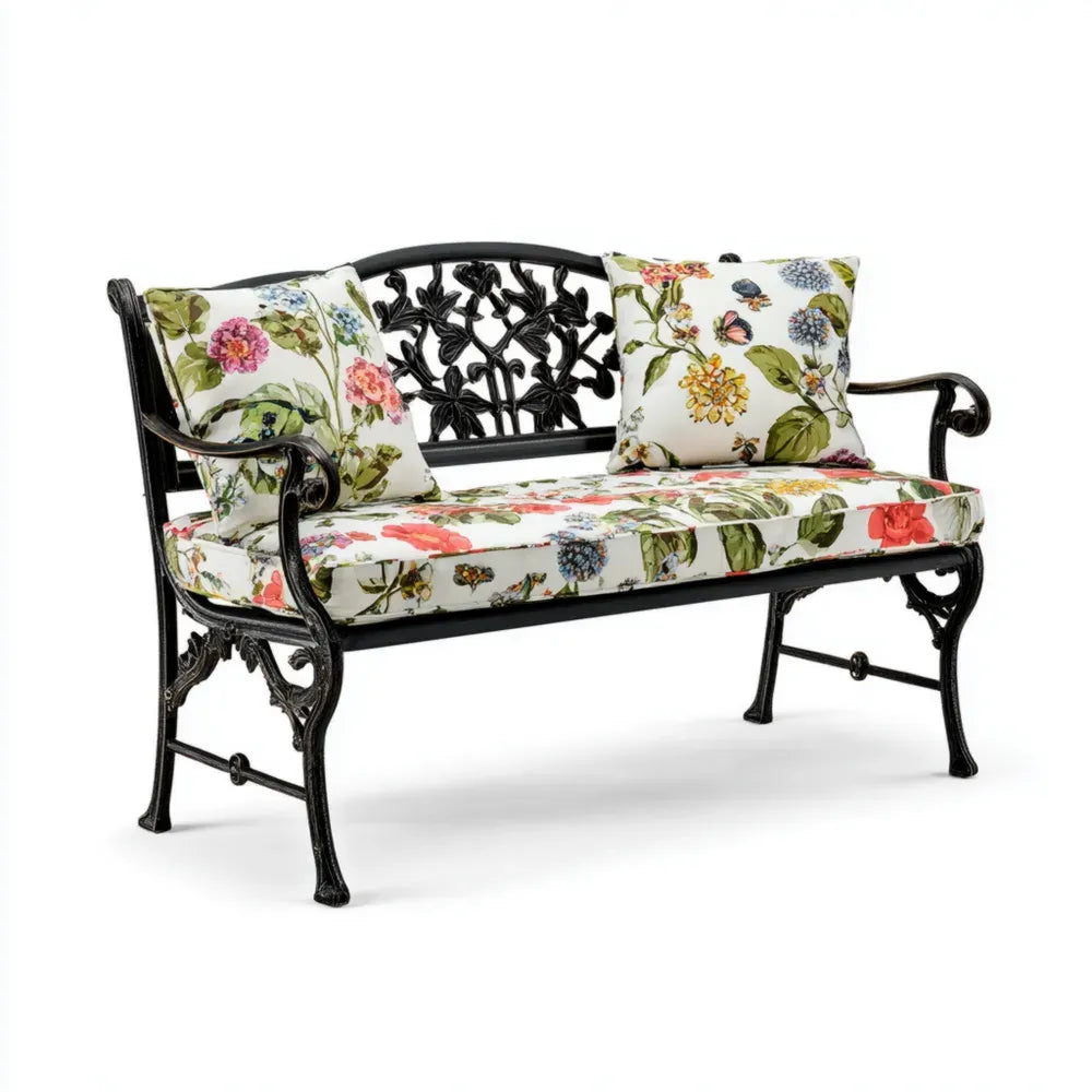 Garden Bench Cast Iron Frame with Floral Cushions - 120x60x85 cm - Vintage Design